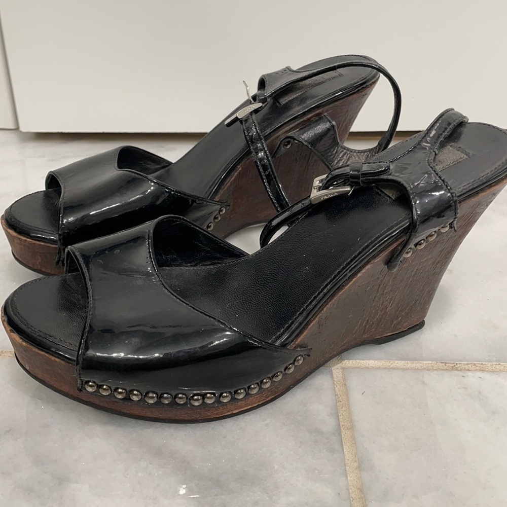 Patent Leather Prada Wooden Wedge Sandals, Size 38.5